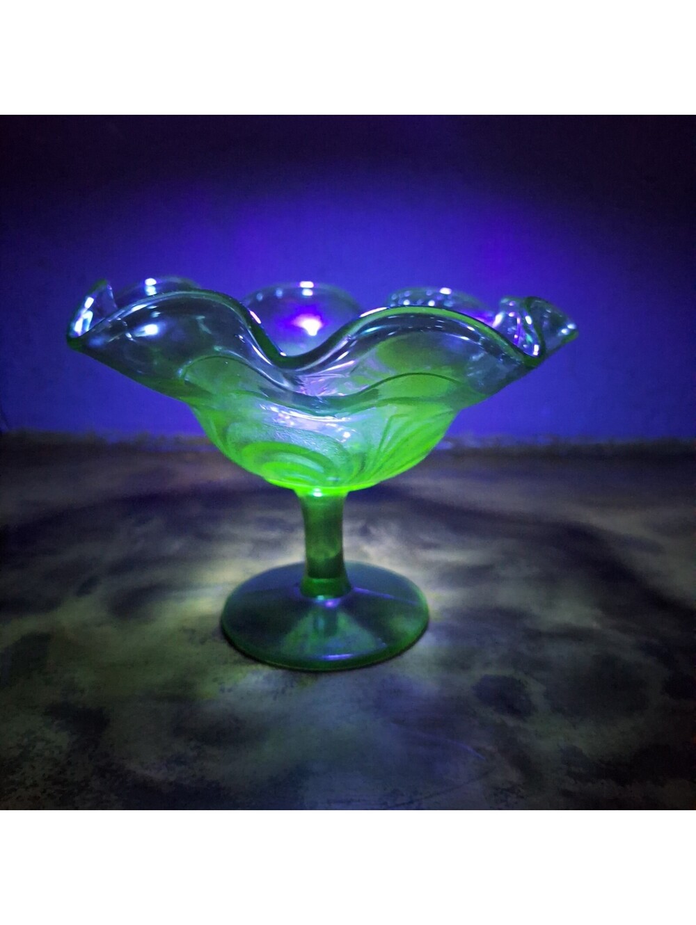 VTG Uranium Green Glass Scroll Embossed Footed Candy Compote Dish 4.5" X 6"W